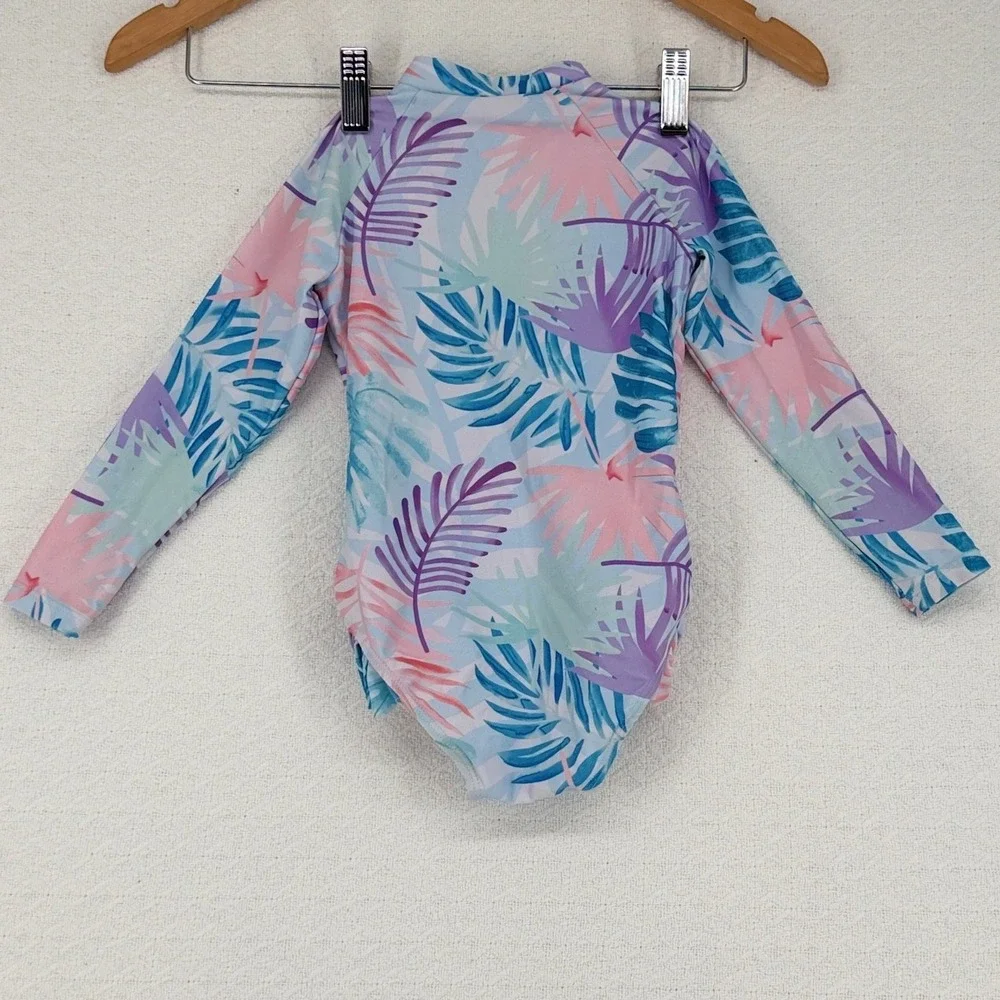Girls Tropical Palm Long Sleeve Rash Guard Swimsuit Pastel Floral Ruffle 4Y